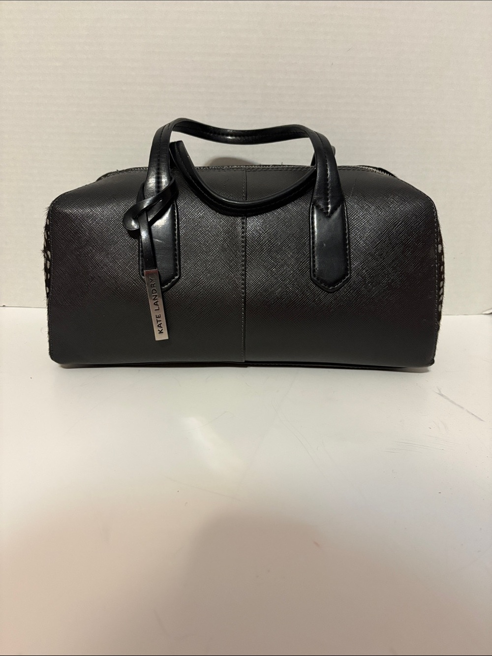 Kate Landry Black Saffiano Cow Hair medium duffel satchel handbag or purse.